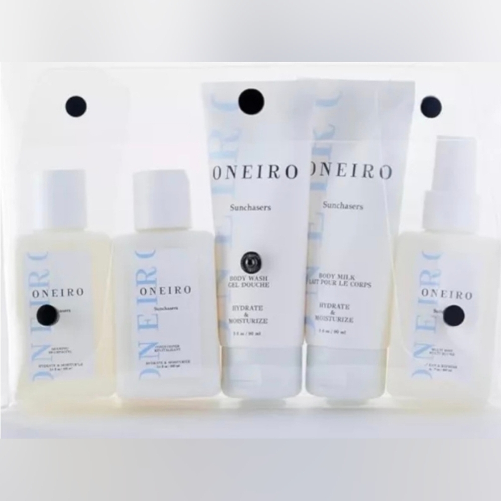 ONEIRO 5PC Travel Pack Oganic Skincare Body Care With Case Sunchasers NEW